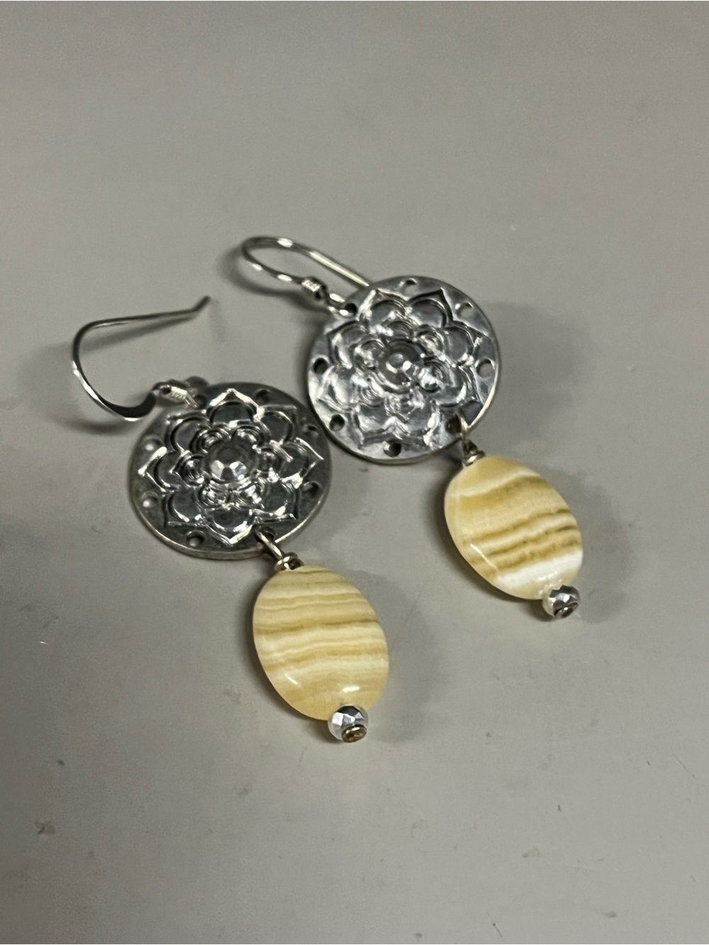 Boho Silver Tone Mandala Flower Honey Agate Dangle Earrings | Neutral Gemstone